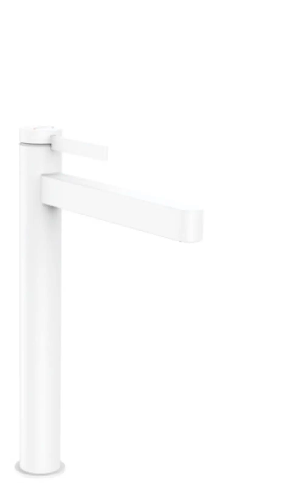 Weißer Einhebel-Waschtischmischer von Hansgrohe mit schmalem Auslauf und Push-Open Ablaufgarnitur, geeignet für Aufsatzwaschtische.
